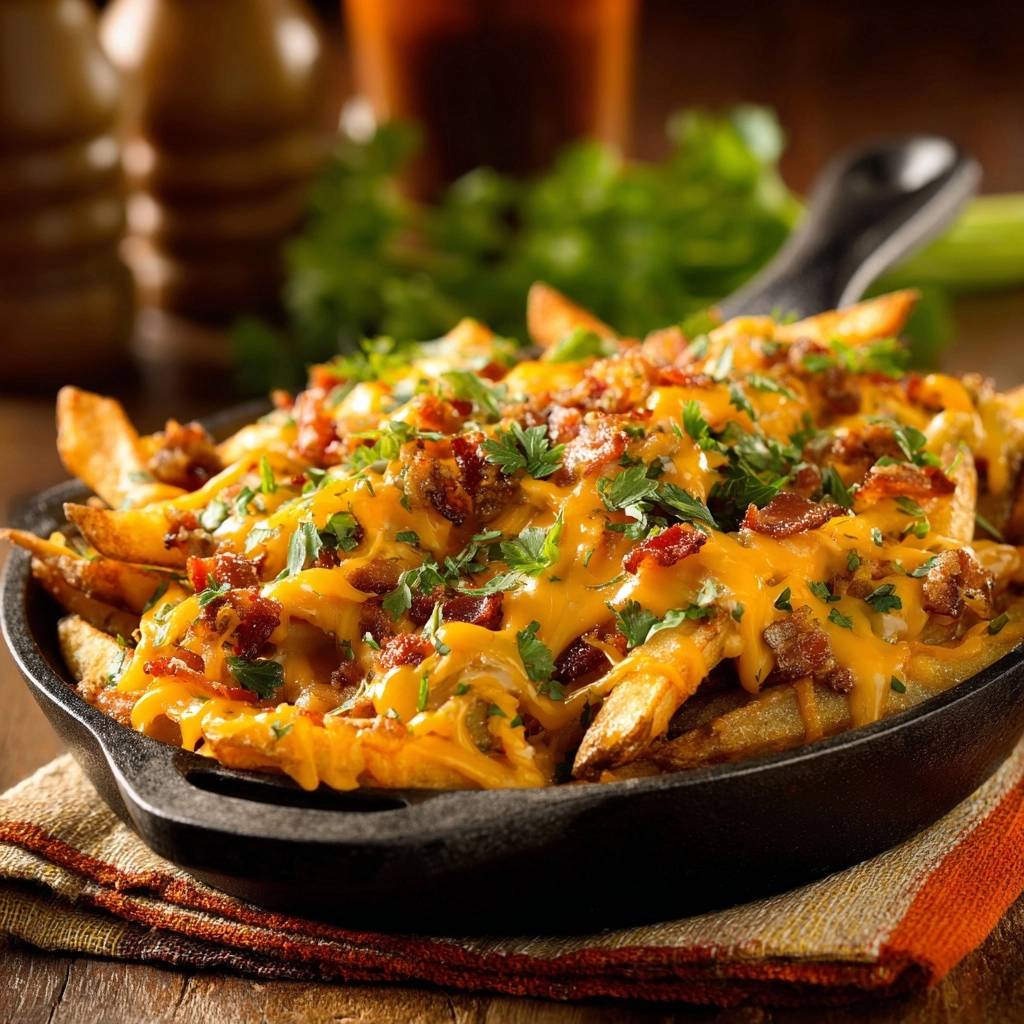 Skillet bacon cheese fries served in a cast iron pan, generously topped with melted cheese, bacon, and parsley.