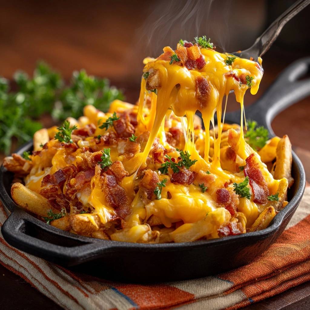 Skillet bacon cheese fries with a fork pulling up gooey melted cheese and crispy bacon.