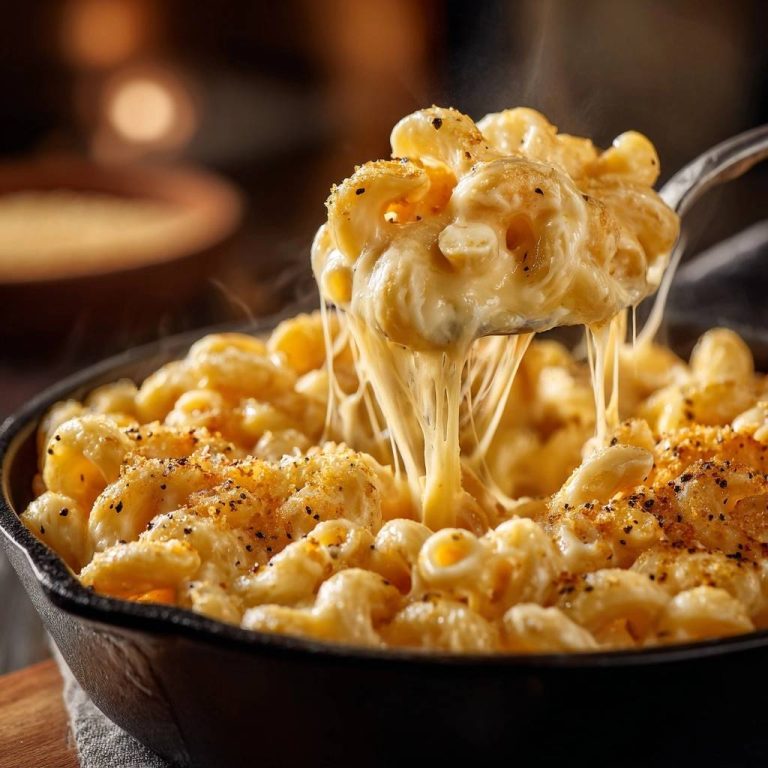 Skillet baked macaroni and cheese with a spoonful lifting, showing a generous cheese pull.