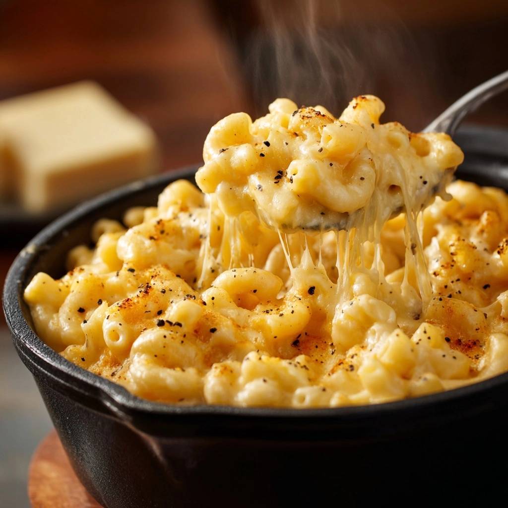 Skillet baked macaroni and cheese with a spoonful pulling up strings of melted cheese