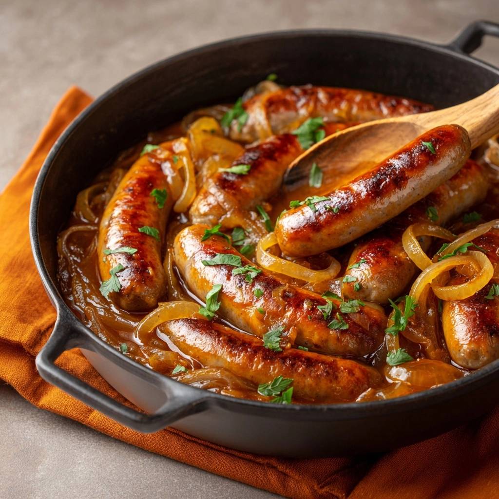 Skillet chicken sausages with caramelized onions served in a black cast-iron pan with a wooden spoon.