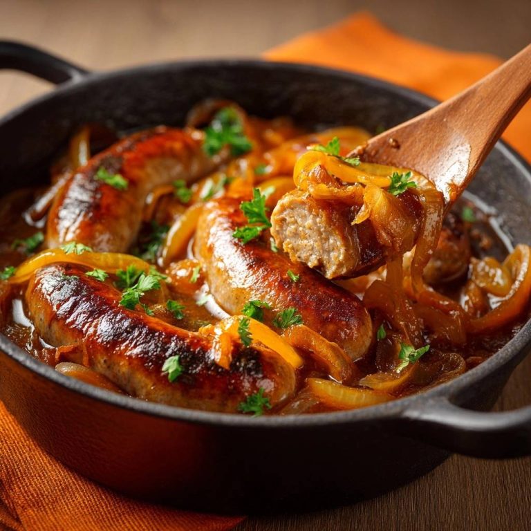 Skillet chicken sausages with caramelized onions, showing a spoonful with a cross-section of the sausage.