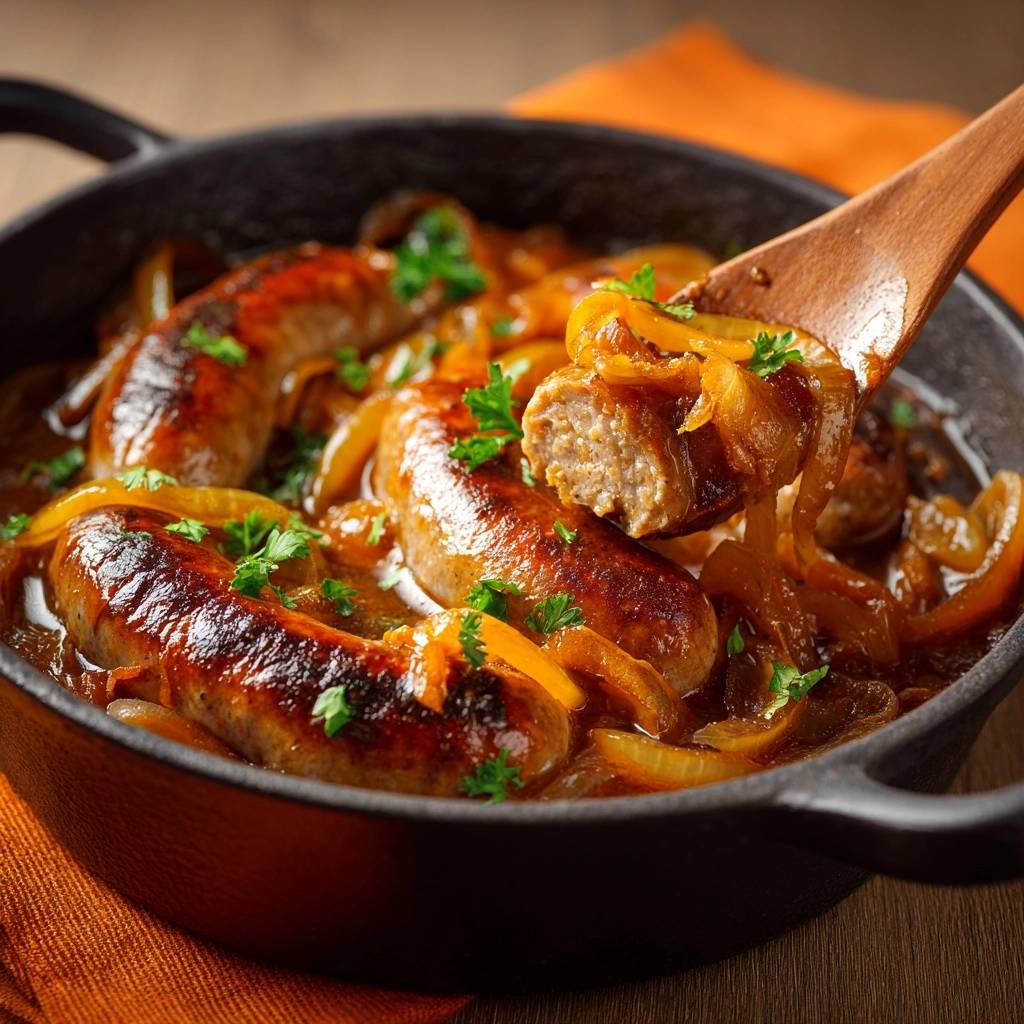 Skillet chicken sausages with caramelized onions, showing a spoonful with a cross-section of the sausage.