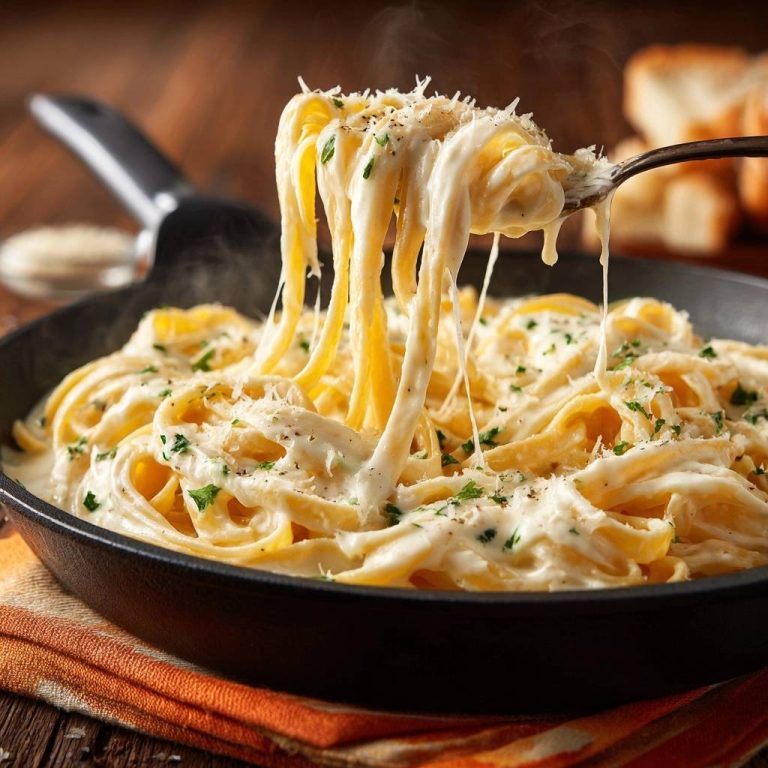 Skillet creamy fettuccine alfredo with a fork lifting cheesy pasta showing a long stretch.