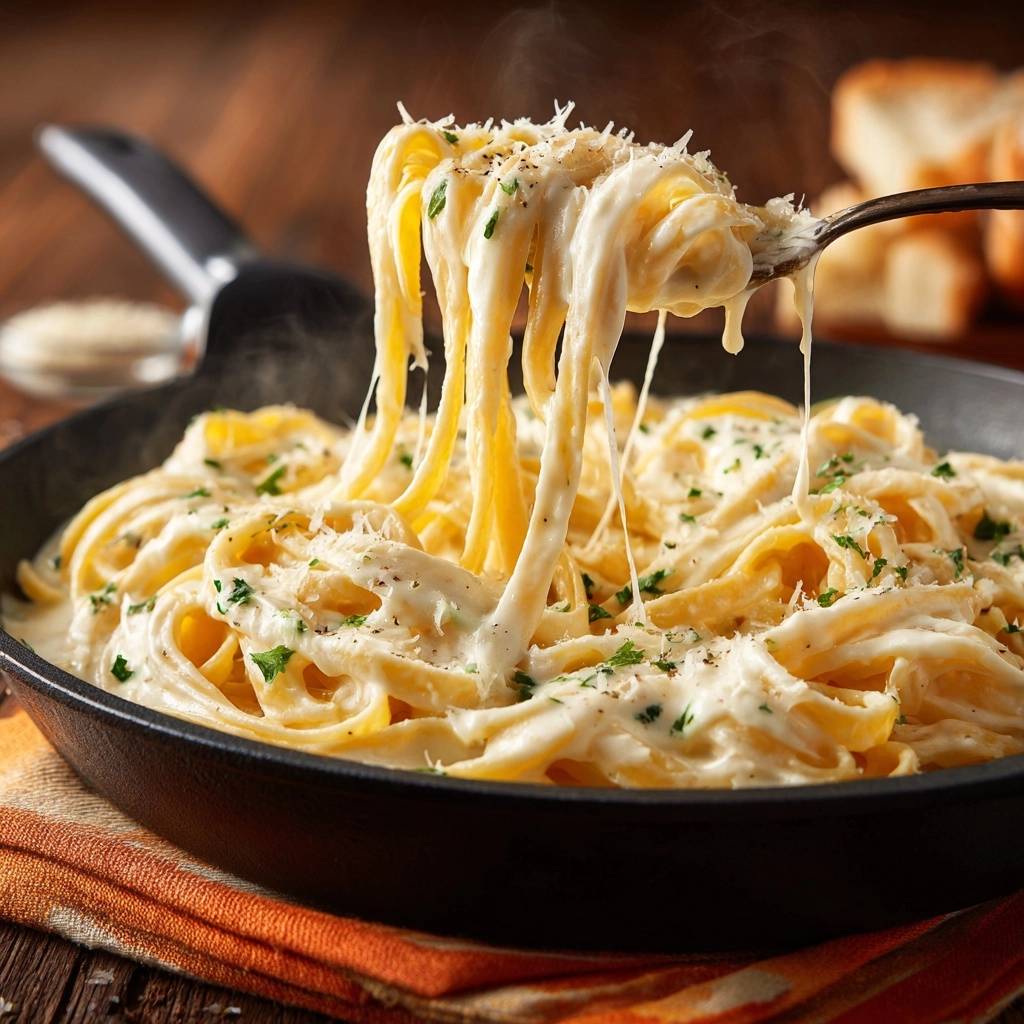 Skillet creamy fettuccine alfredo with a fork lifting cheesy pasta showing a long stretch.