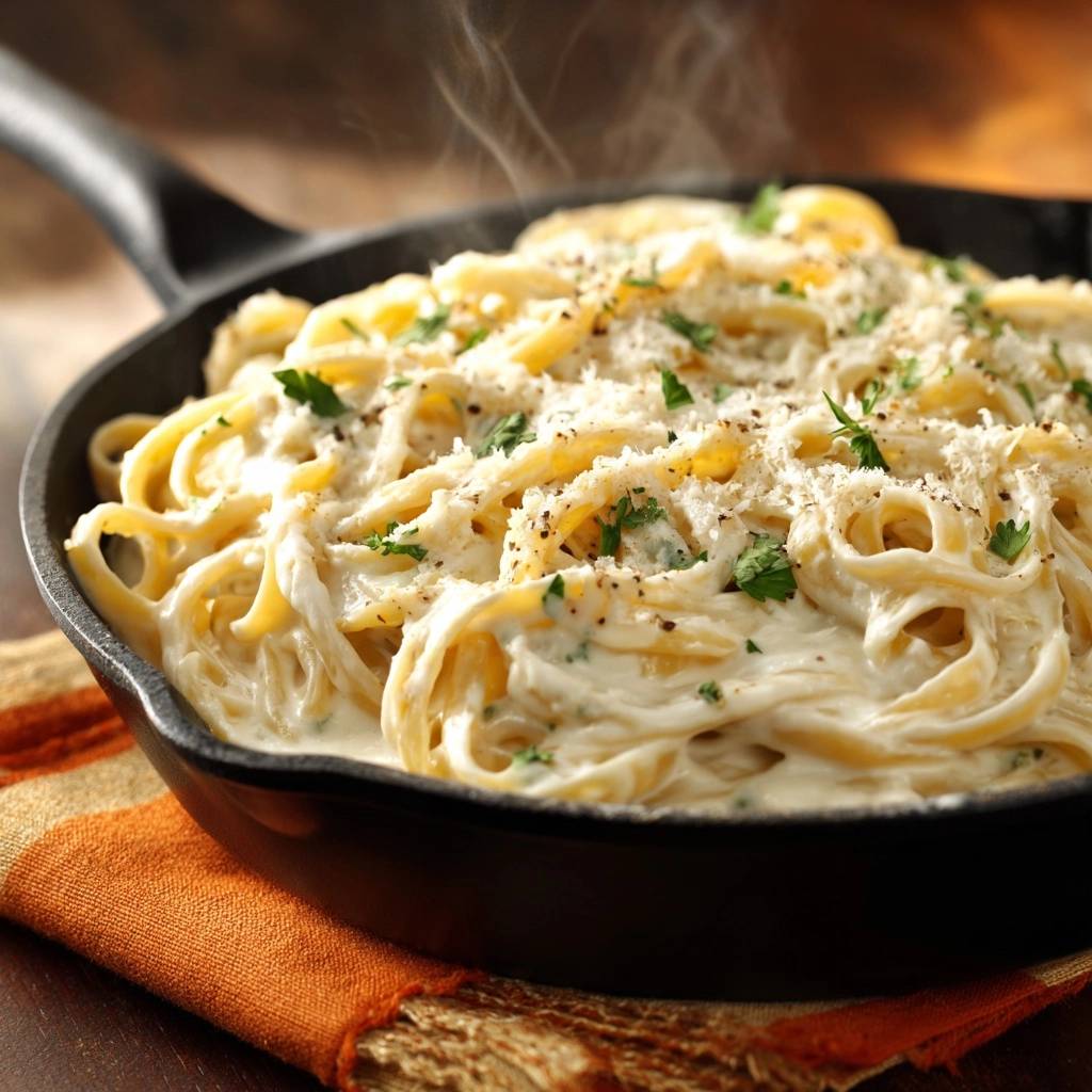 Skillet creamy fettuccine alfredo served steaming hot in a cast iron pan, topped with parmesan and parsley.