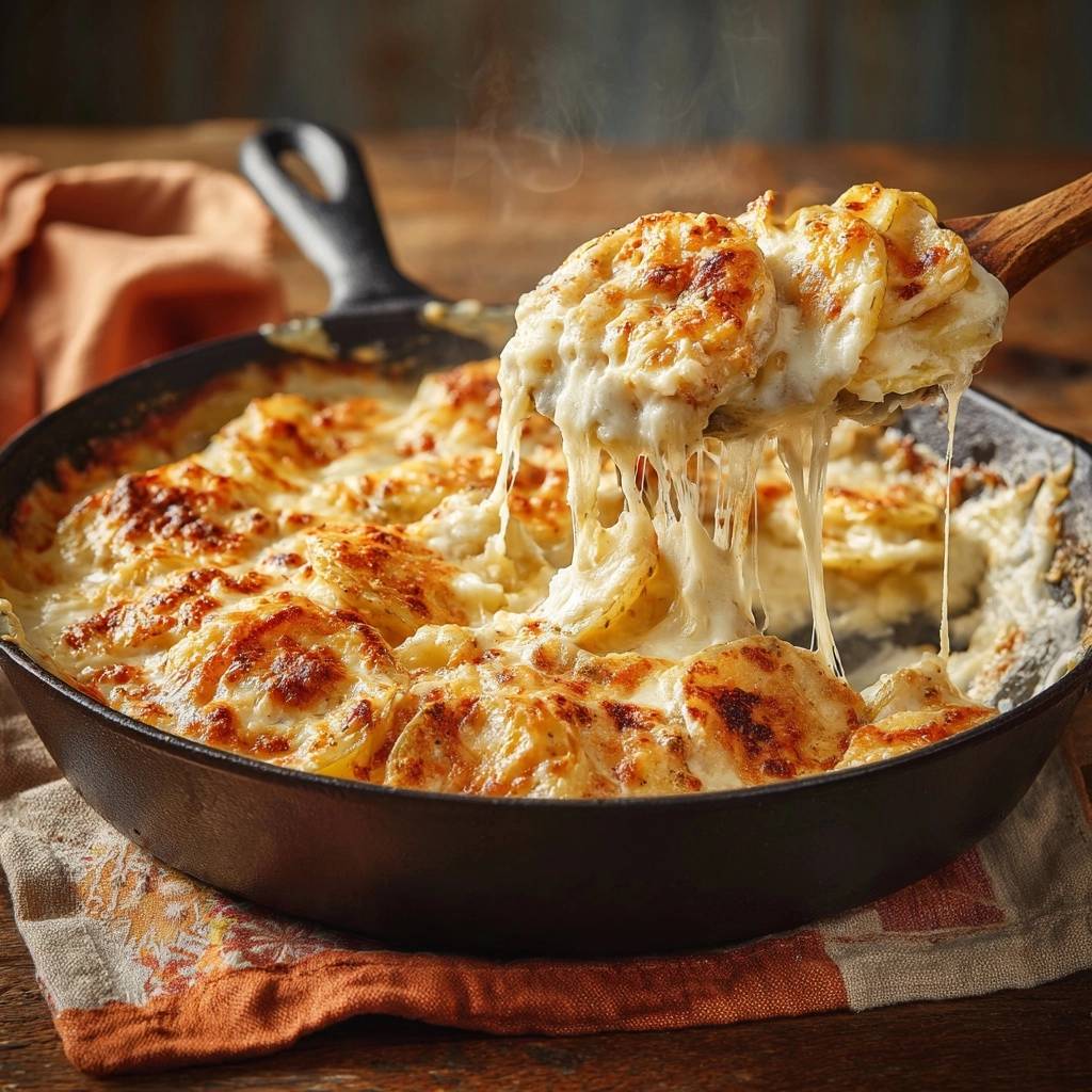 Skillet potatoes au gratin with a generous cheesy pull from a wooden spoon, showing golden brown baked potato slices.