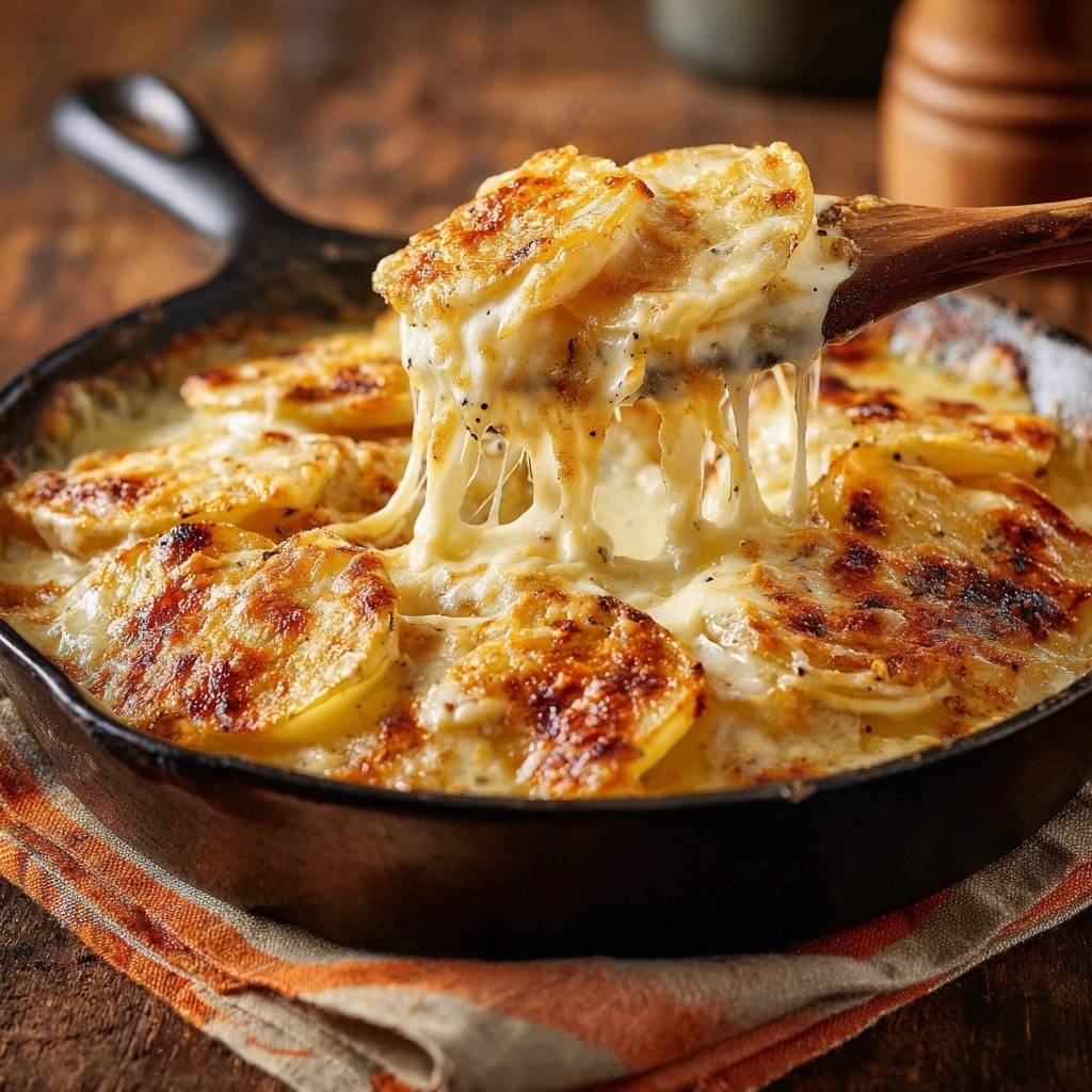 Skillet potatoes au gratin showing a cheesy pull being lifted with a wooden spoon from the cast iron pan.
