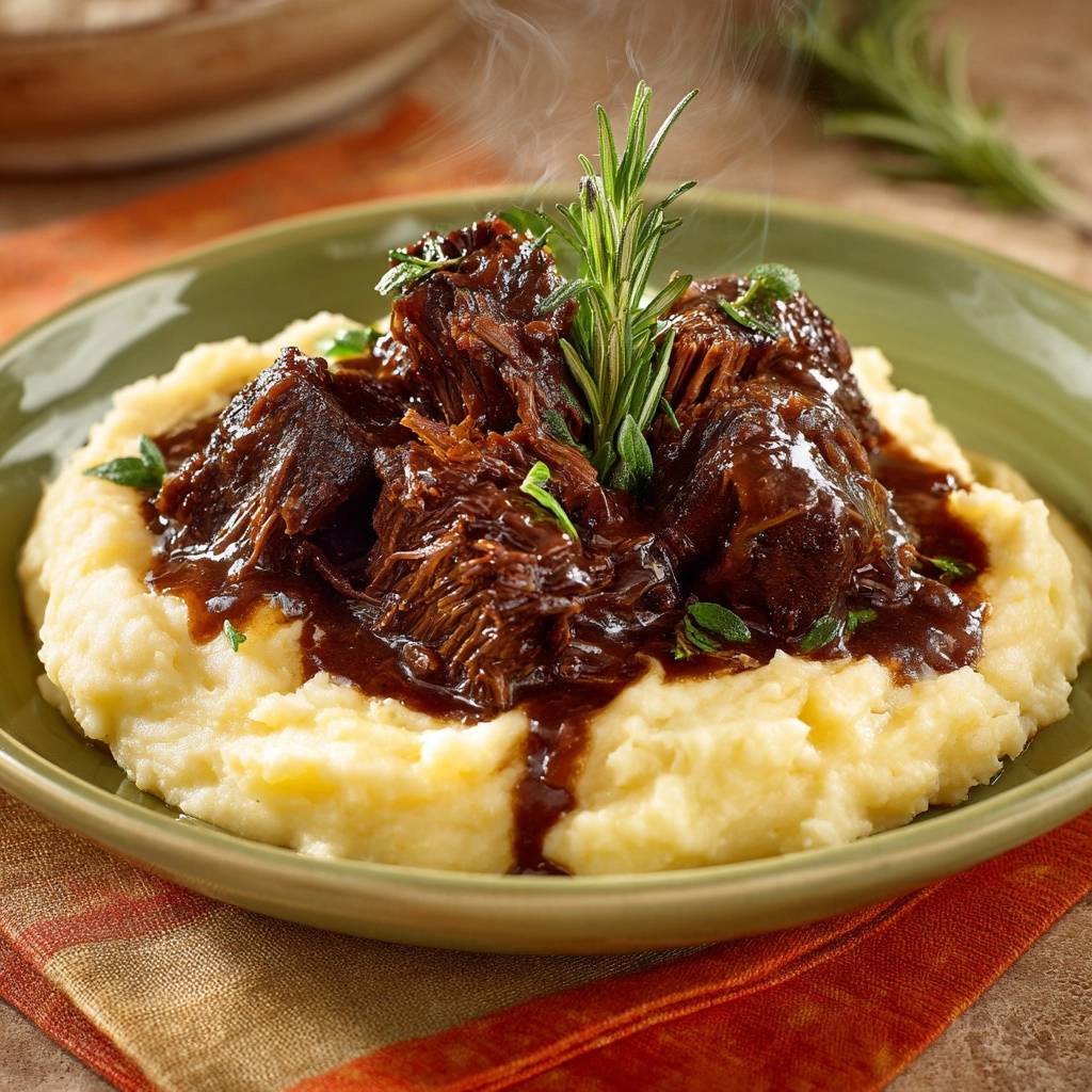 Slow braised beef short ribs, fork-tender and rich, plated generously over creamy mashed potatoes with a rosemary garnish.