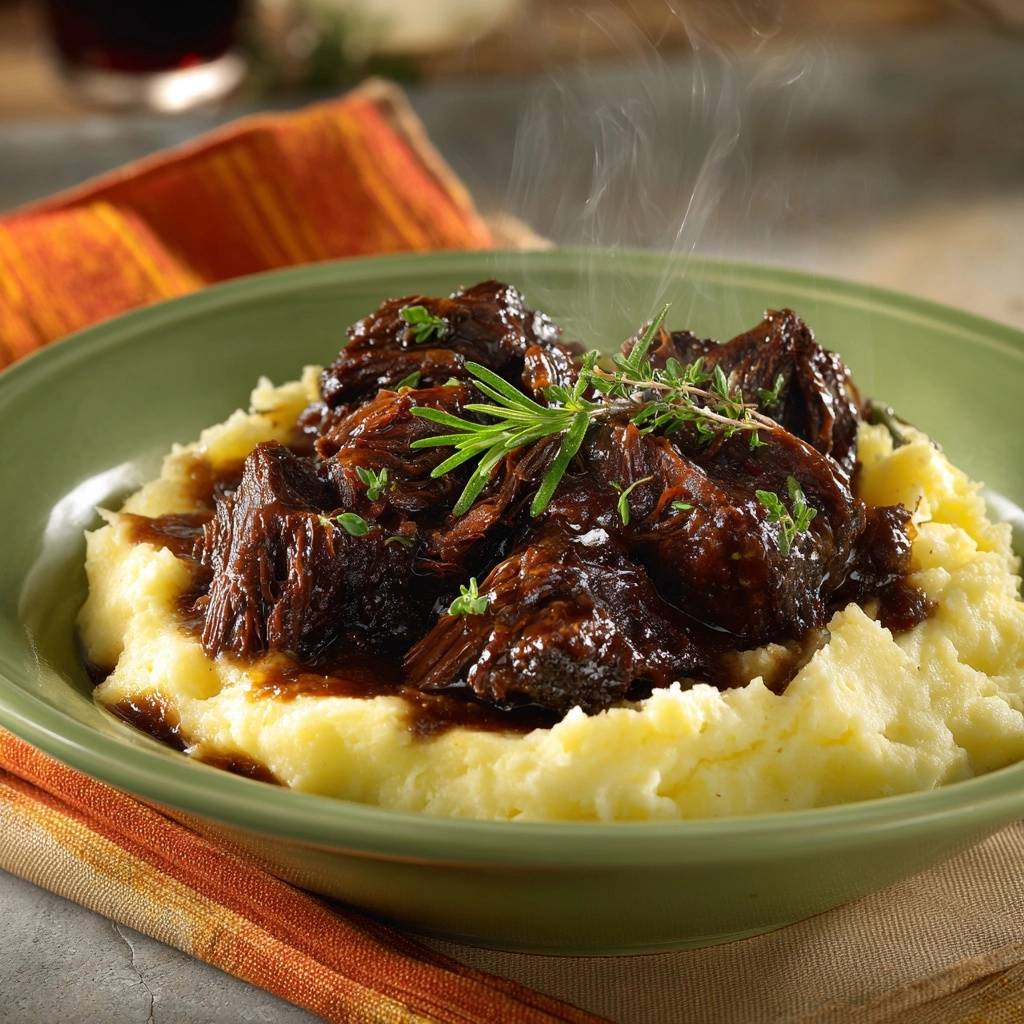 Slow braised beef short ribs glistening in dark sauce served atop creamy mashed potatoes with fresh herb garnish.