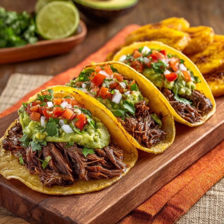 Slow cooked shredded beef tacos topped with guacamole, pico de gallo, and cilantro, presented on a wooden board.