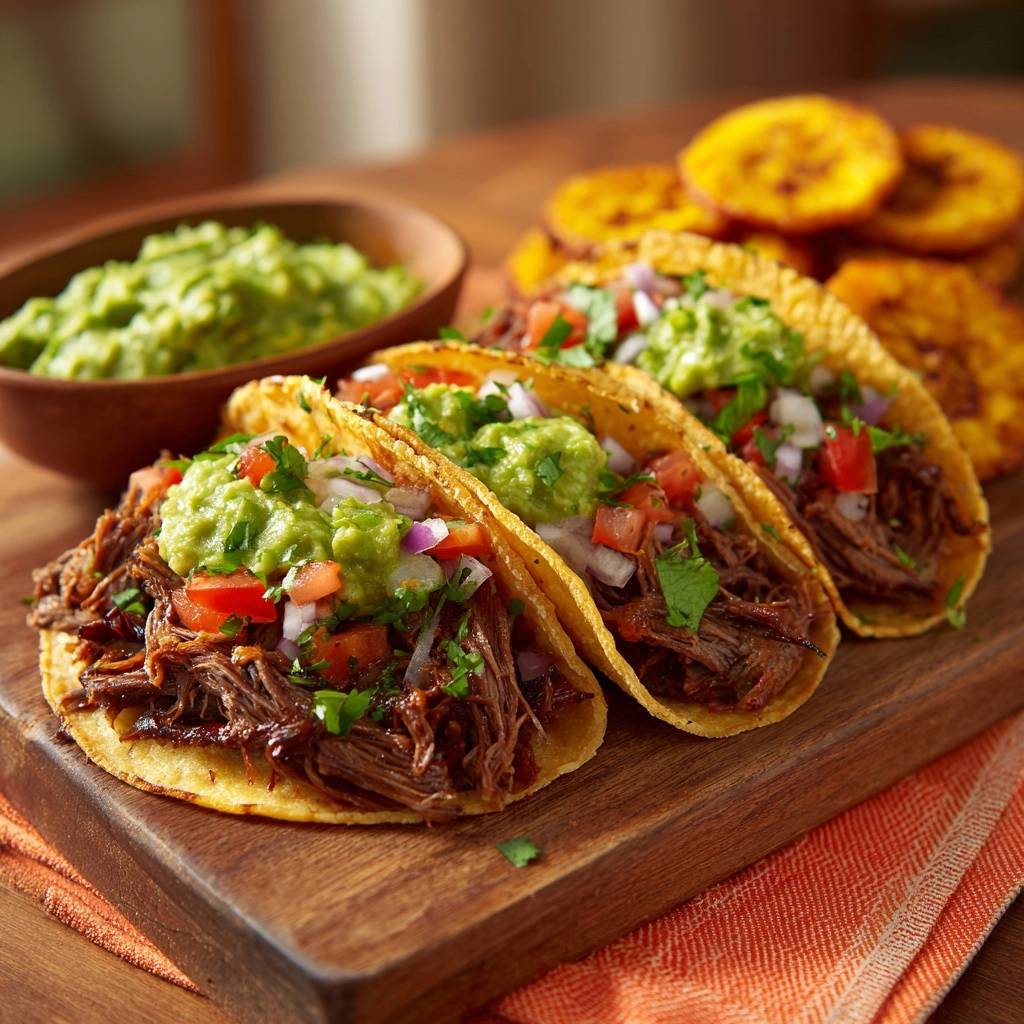 Slow cooked shredded beef tacos topped with fresh guacamole, pico de gallo, and served with fried plantains on the side.
