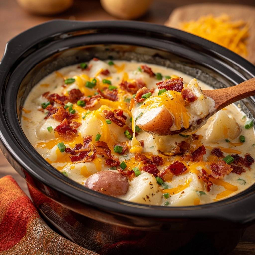 Slow cooker loaded potato soup with a spoonful being scooped out, showing creamy texture, cheese, and bacon.
