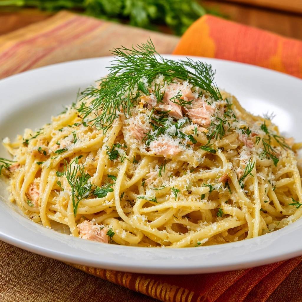Smoked salmon dill pasta garnished with fresh dill and grated cheese on a white plate.