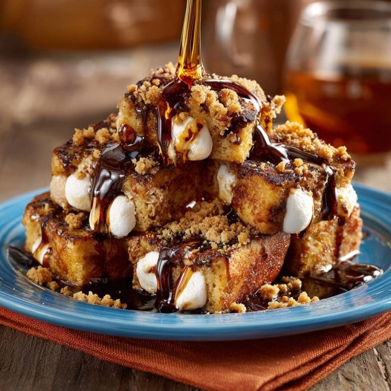 S'mores French Toast Stack with syrup being drizzled over the gooey marshmallows and graham cracker crumble.