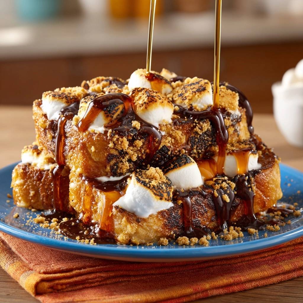 S'mores French Toast Stack with toasted marshmallows and graham cracker crumbs, drizzled with chocolate syrup and caramel.