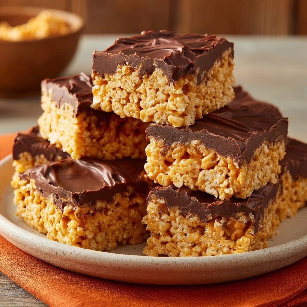 Soft chocolate topped peanut butter crispy bars are artfully stacked on a plate, showcasing their rich layers.