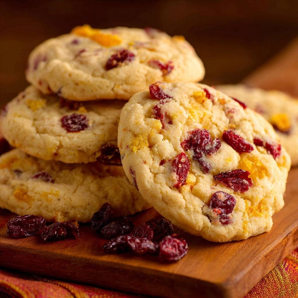 Soft-set white chocolate cranberry orange cookies stacked in a close-up view on a wooden board with scattered cranberries.