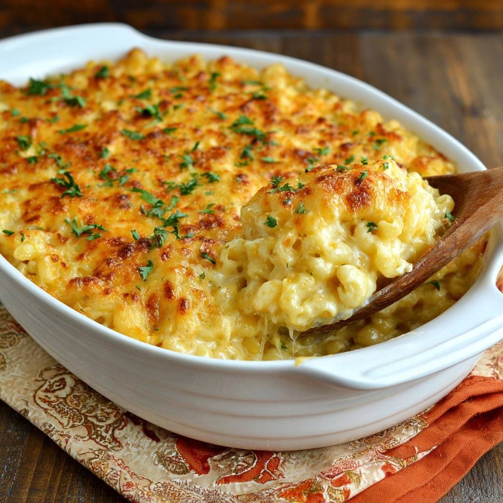 Southern baked macaroni and cheese being served with a wooden spoon, showing a golden-brown cheesy topping and creamy pasta.