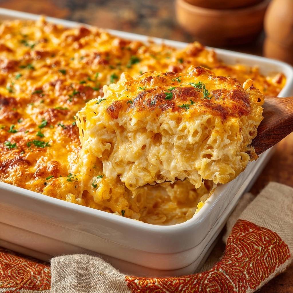 Southern baked macaroni and cheese with a serving spoonful lifted, showing a creamy interior and golden-brown topping.