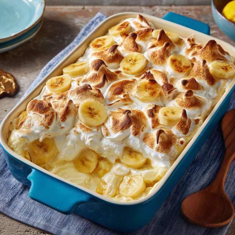 Southern meringue banana pudding close-up showing toasted peaks and sliced bananas on top.