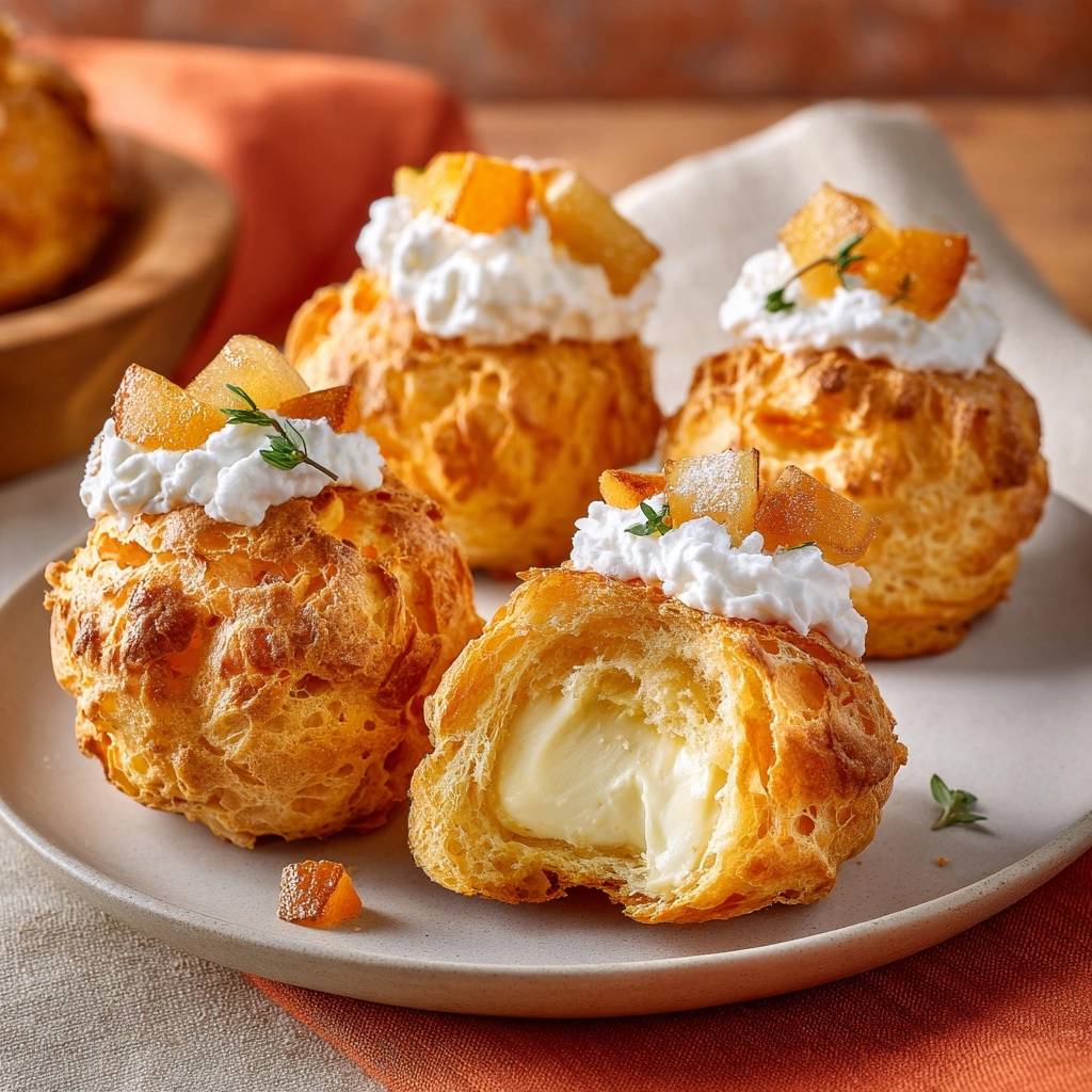 Spiced apple cream puffs with choux pastry showing a creamy filling in a close-up cross-section view.