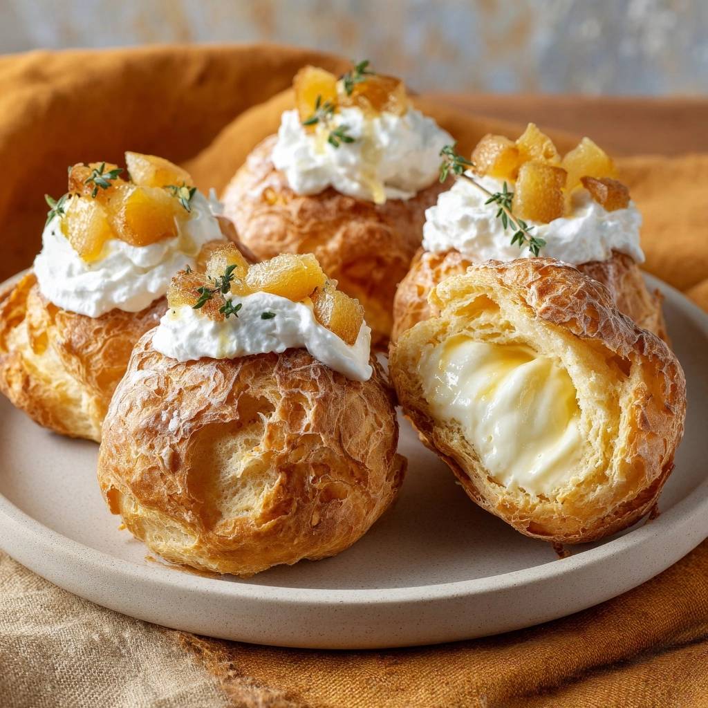 Spiced apple cream puffs with crisp choux, showing a creamy interior filling and apple topping.