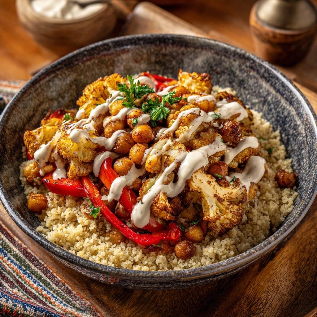 Spiced cauliflower chickpea couscous bowl with red peppers and a creamy drizzle, presented in a rustic bowl.