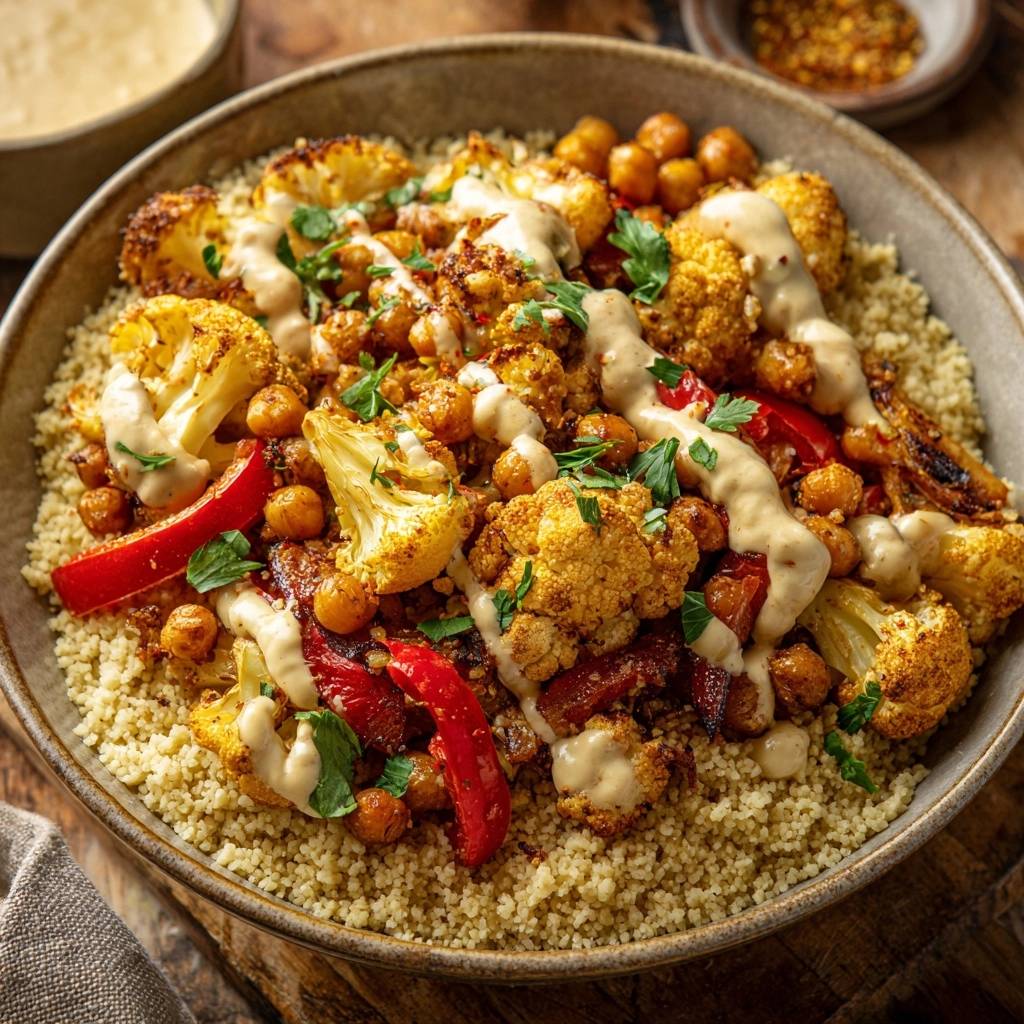 Spiced cauliflower chickpea couscous bowl drizzled with tahini sauce and garnished with parsley, served in a bowl.