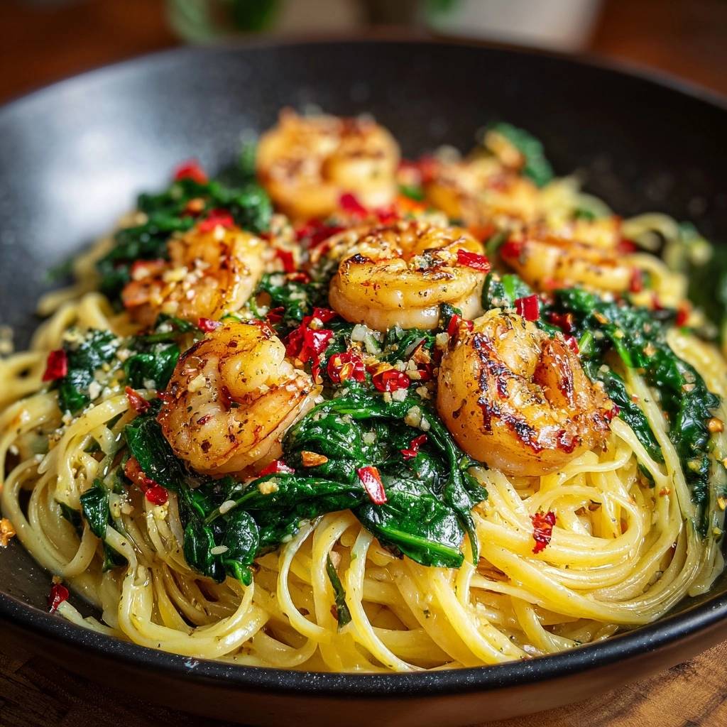 Spicy garlic shrimp linguine featuring a plentiful topping of greens, chili flakes, and garlic over pasta.