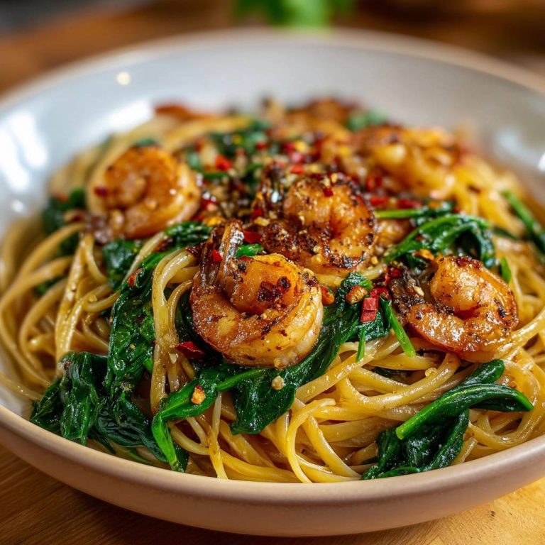 Spicy garlic shrimp linguine with wilted spinach and chili flakes, a close-up view of the saucy pasta and tender seafood.