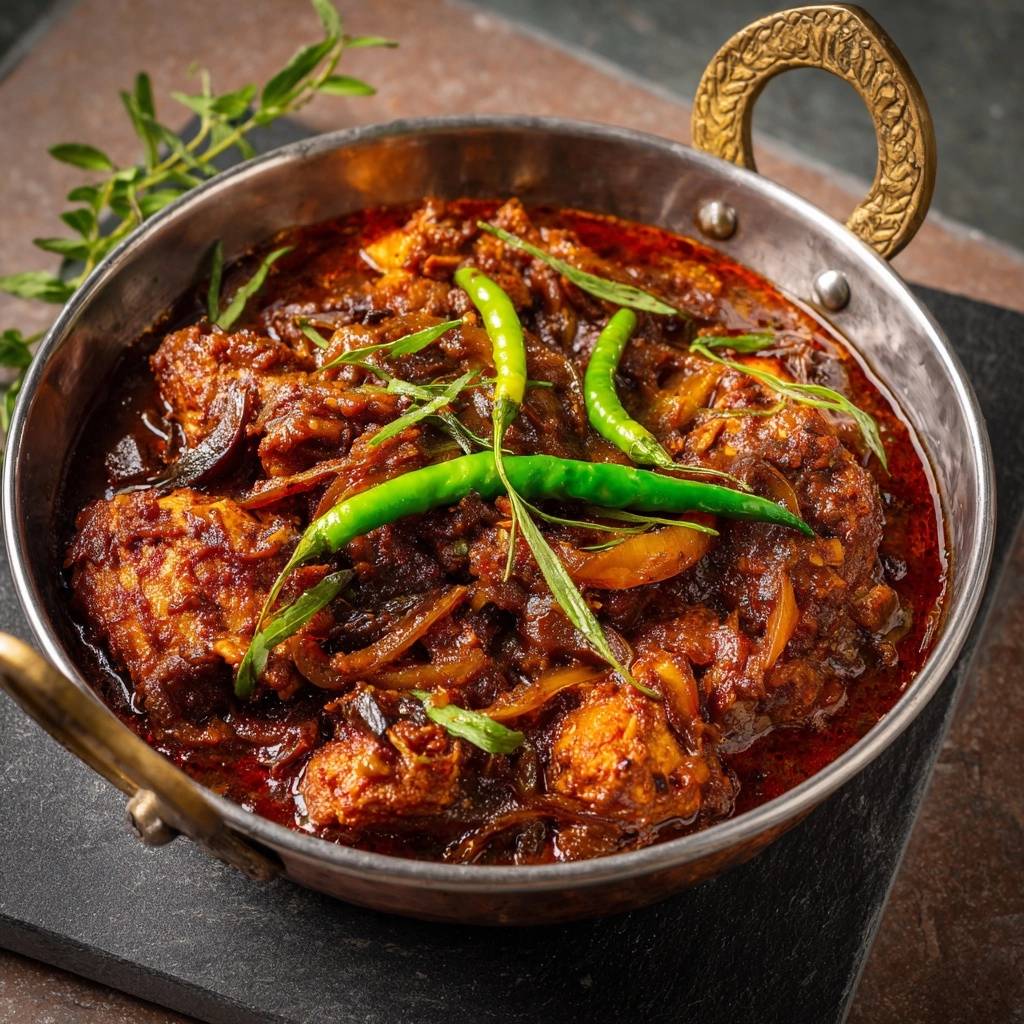 Spicy Karahi Chicken Bhuna technique shown with a close-up view of the rich, spiced gravy and green chili garnish.