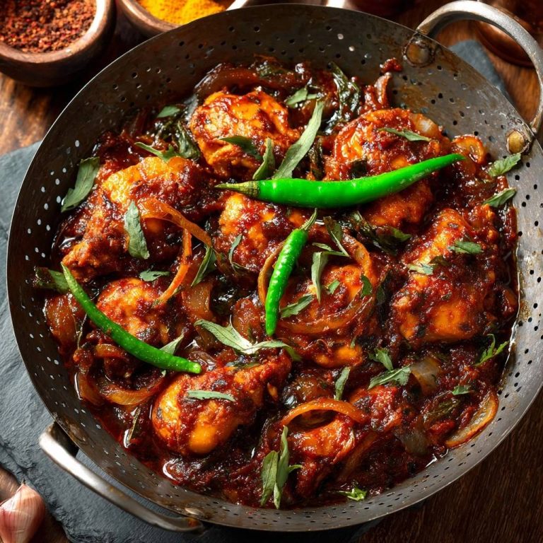 Spicy Karahi Chicken Bhuna served hot in a traditional karahi with green chilies and fresh herbs.