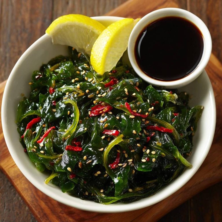Spicy sesame wakame salad served in a white bowl with lemon wedges and a side of soy sauce.
