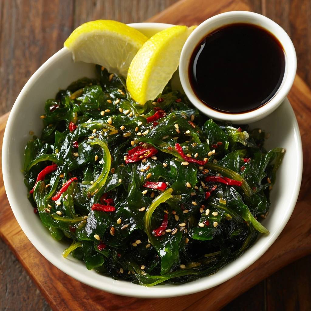 Spicy sesame wakame salad served in a white bowl with lemon wedges and a side of soy sauce.