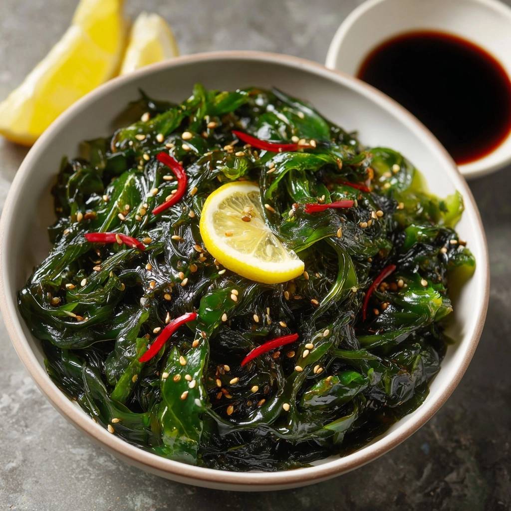 Spicy Sesame Wakame Salad garnished with lemon slice and chili peppers, showcasing sesame seeds.