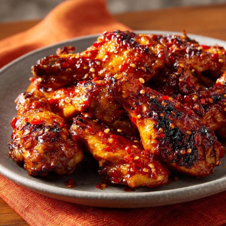 Spicy sticky gochujang chicken wings shown in a close-up view highlighting the glistening, red chili-flecked glaze.