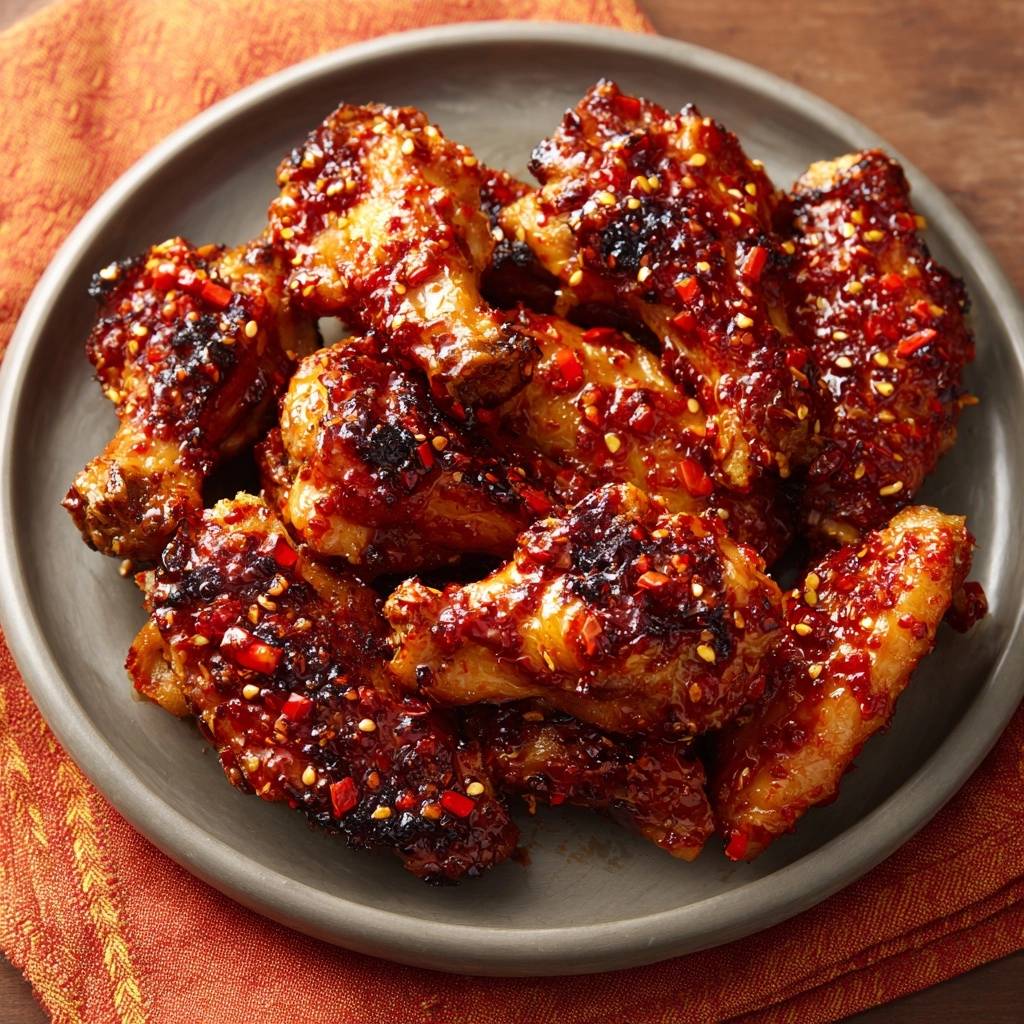 Spicy sticky gochujang chicken wings are shown up close, glistening with a rich, red glaze and sprinkled with chili flakes and sesame seeds.