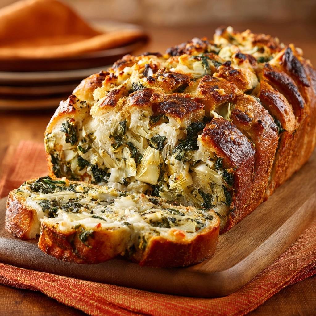 Spinach artichoke pull-apart bread showcasing a delicious cross-section with visible filling and golden crust.