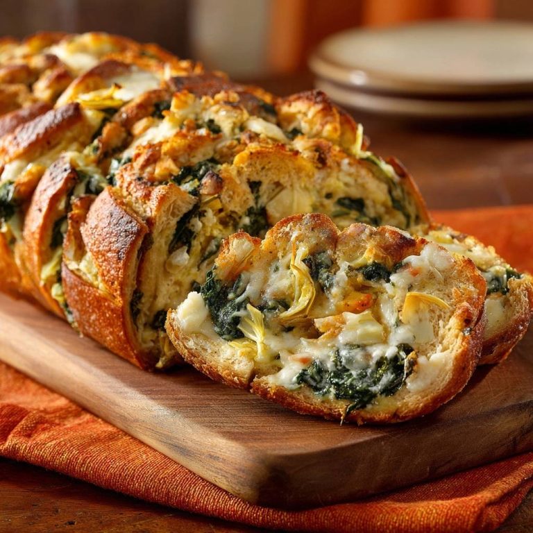 Spinach artichoke pull-apart bread shown in a close-up cross-section revealing its cheesy, savory interior.