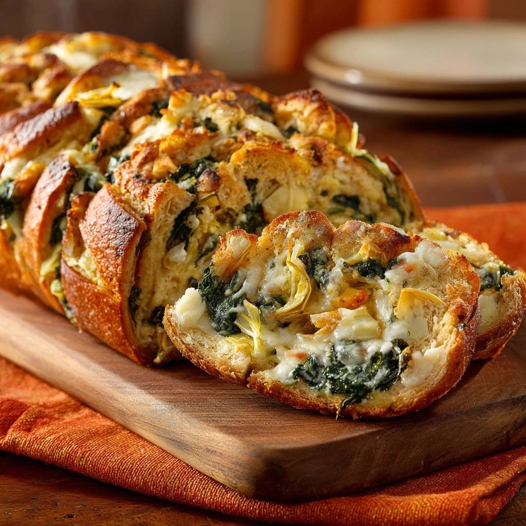 Spinach artichoke pull-apart bread shown in a close-up cross-section revealing its cheesy, savory interior.