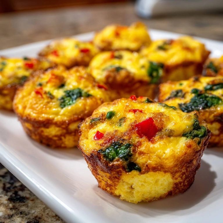 Spinach pepper egg muffins are arranged on a white plate in a close-up shot, showcasing their fluffy texture and colorful ingredients.