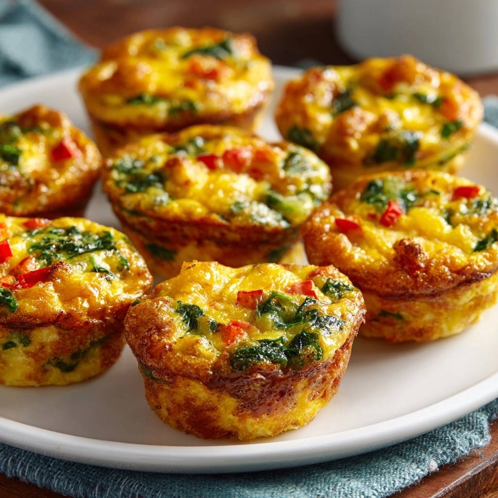 Spinach pepper egg muffins are shown plated in a close-up group shot, highlighting their fluffy texture and colorful ingredients.