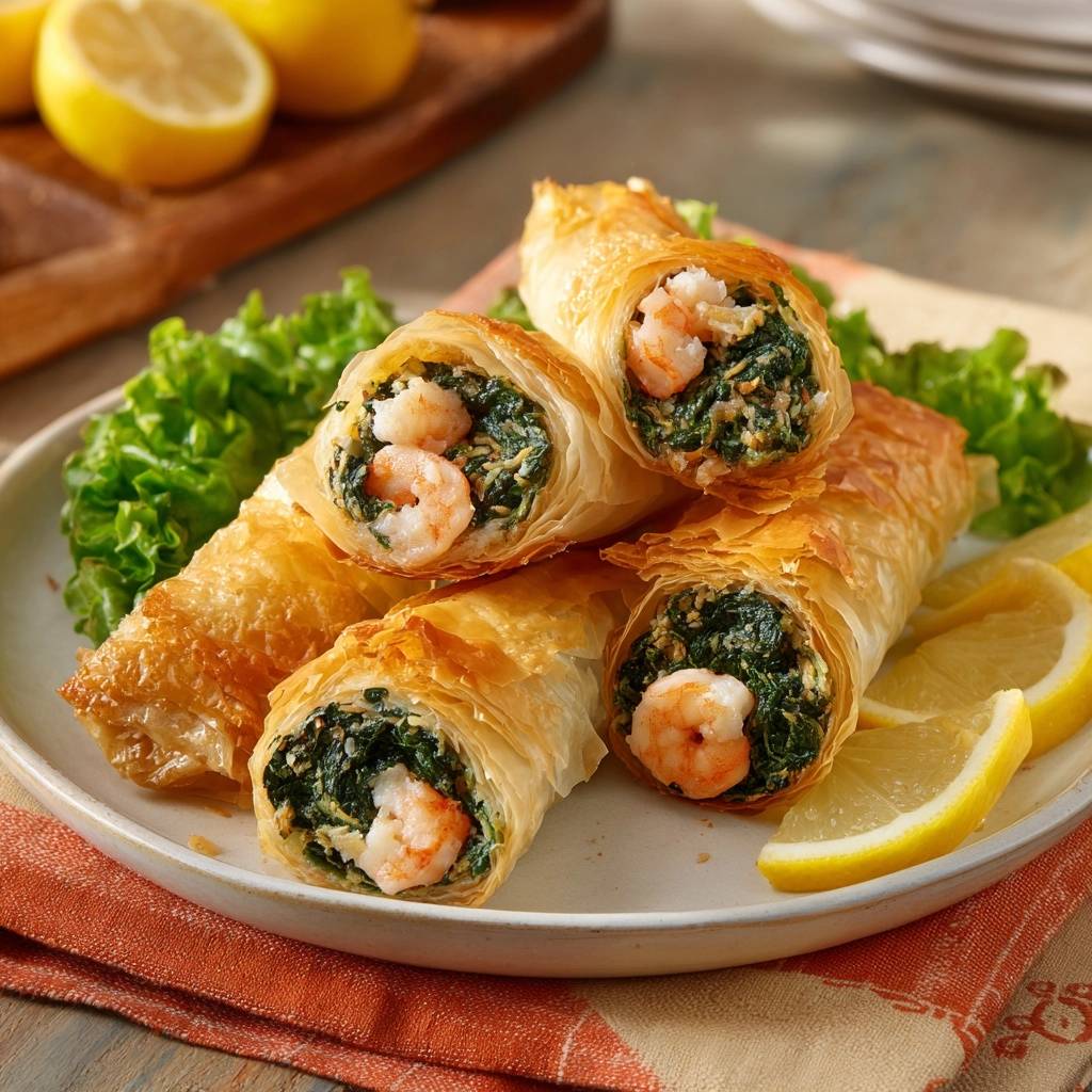 Crispy spinach shrimp phyllo rolls showing the shrimp and spinach filling on a plate with lemon wedges.