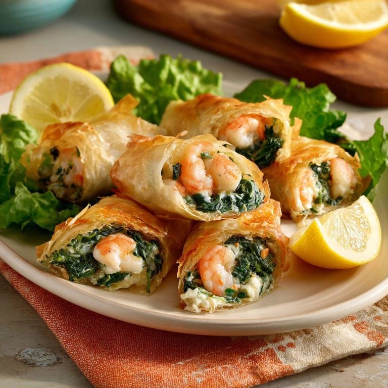 Crispy spinach shrimp phyllo rolls plated with lemon wedges and lettuce, showcasing the golden-brown pastry and filling.