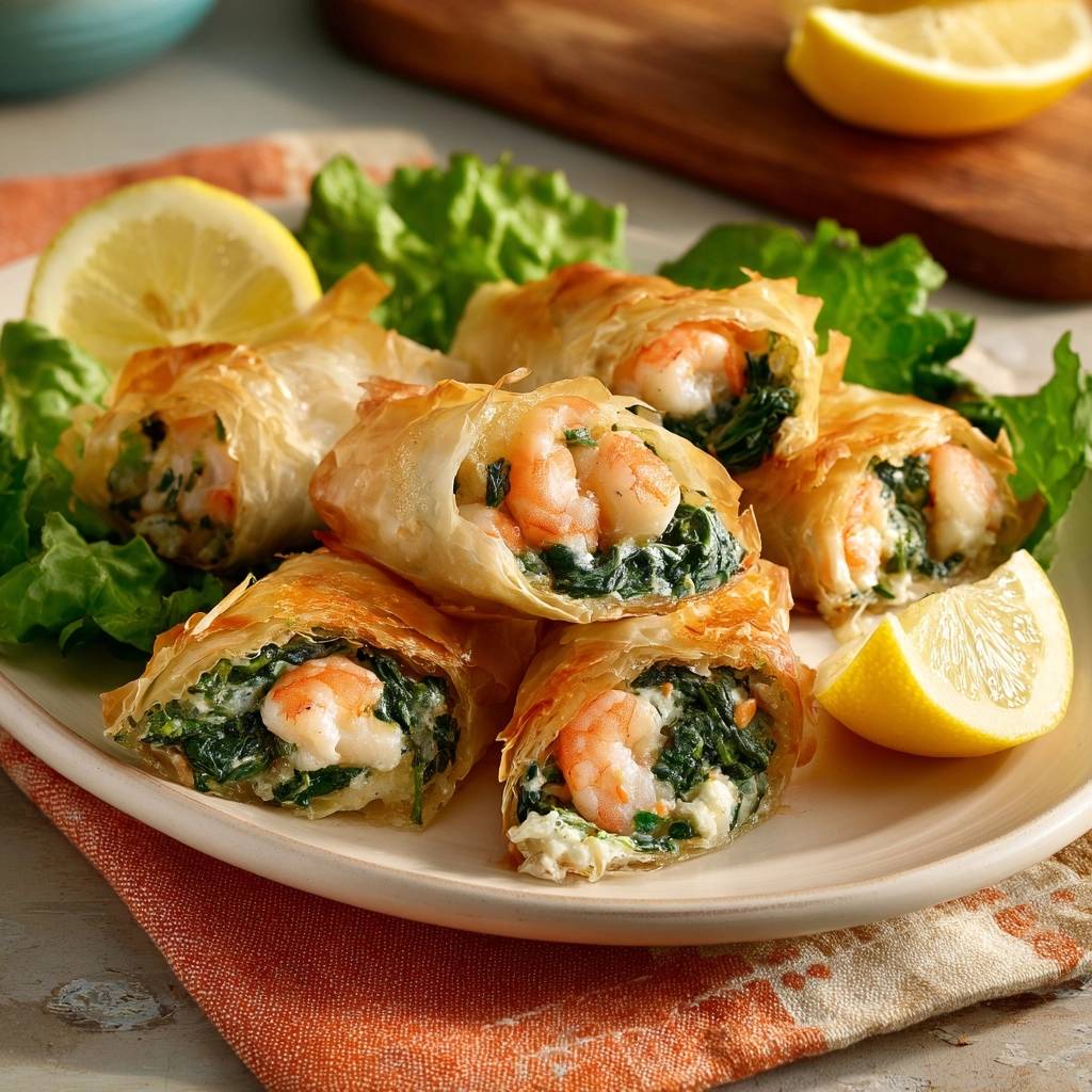 Crispy spinach shrimp phyllo rolls plated with lemon wedges and lettuce, showcasing the golden-brown pastry and filling.