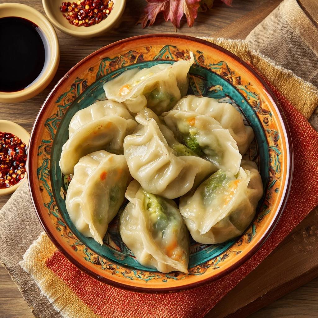 Steamed vegetable dumplings presented in a decorative bowl, showcasing their plump shape and tender wrappers.
