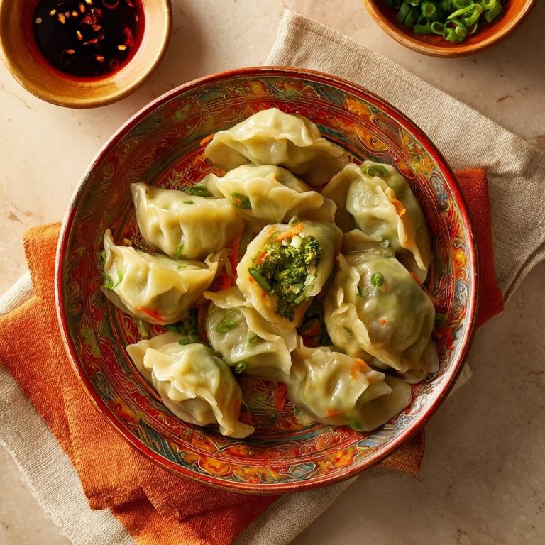 Steamed vegetable dumplings with a close-up cross-section revealing the broccoli and carrot filling.