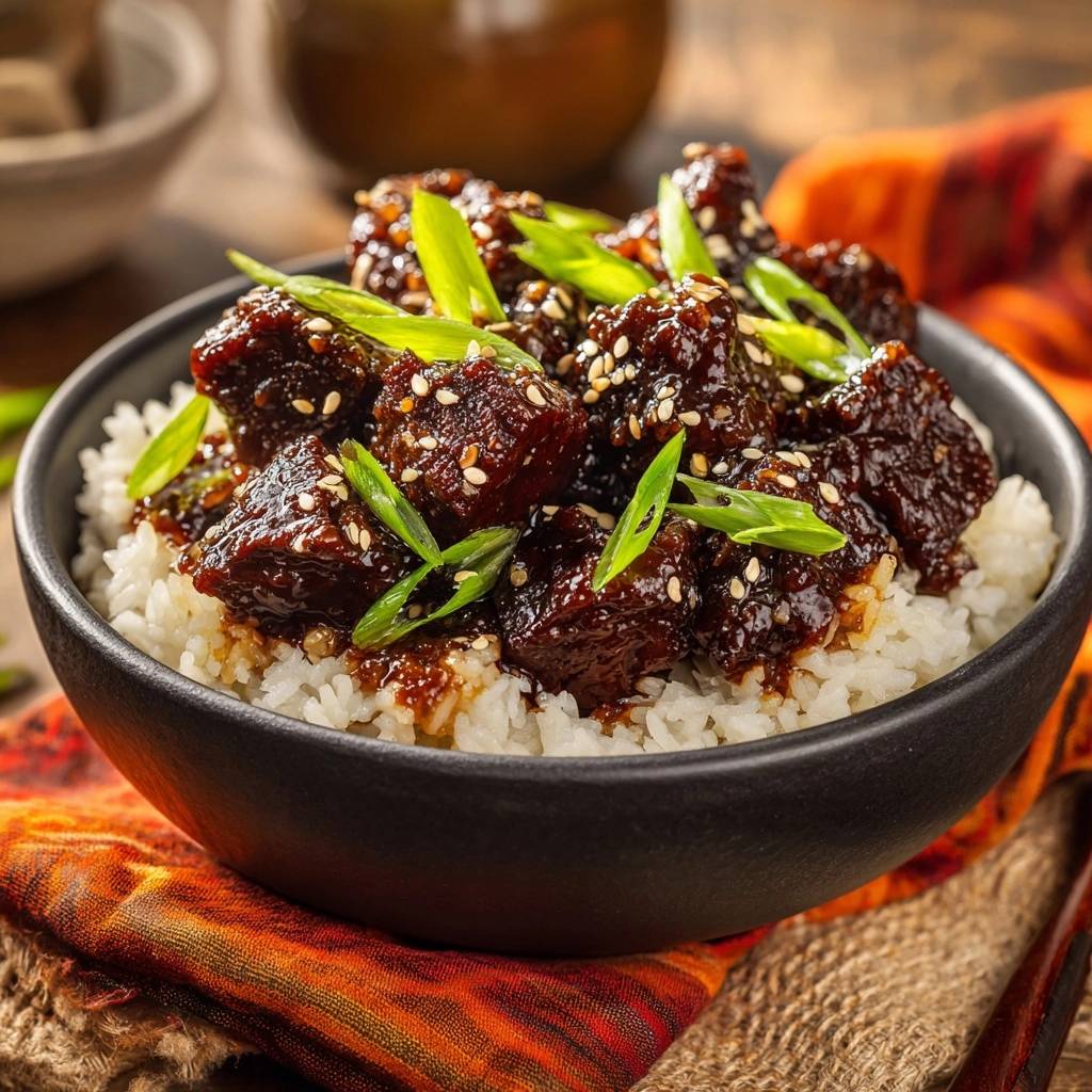 Sticky Mongolian Beef Bowl features tender beef cubes coated in rich sauce, served over white rice and garnished with fresh green onions and sesame seeds.