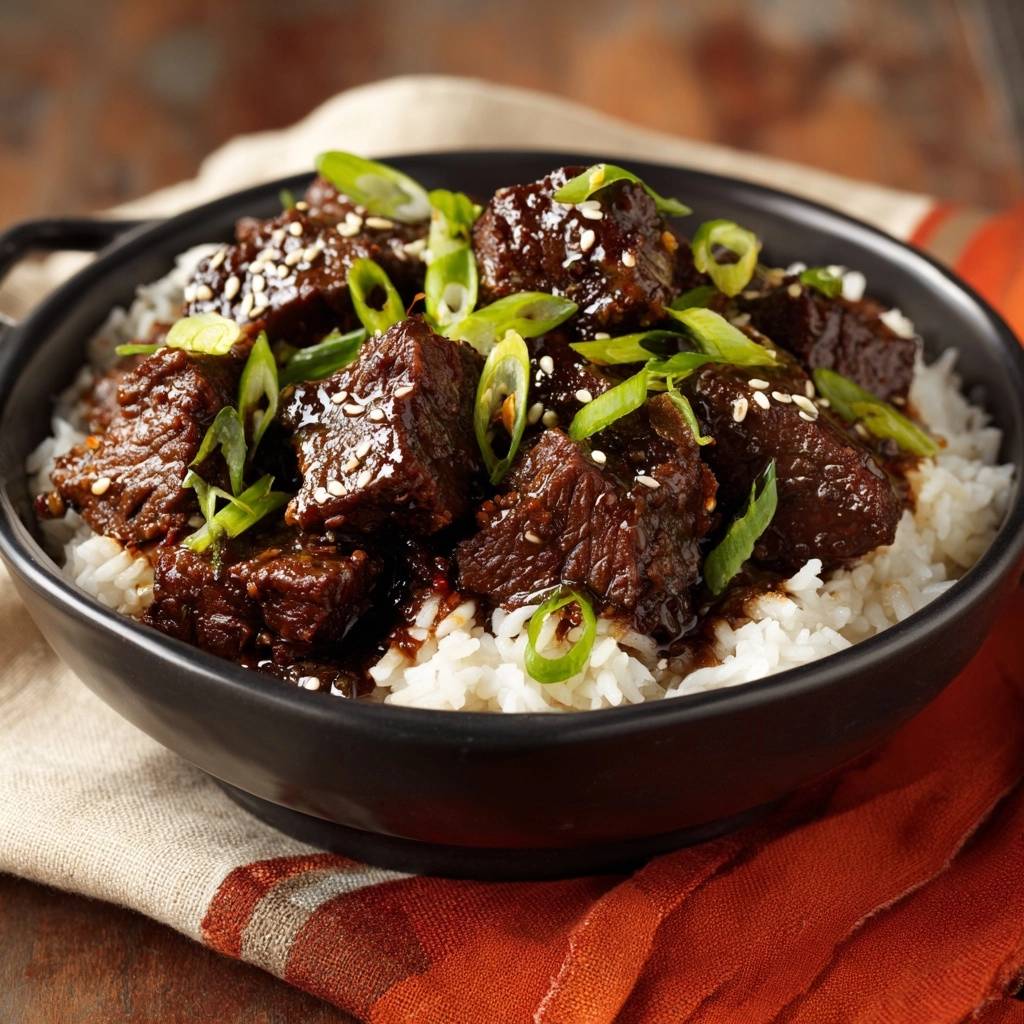 Sticky Mongolian beef bowl with rice, garnished with sliced green onions and sesame seeds.